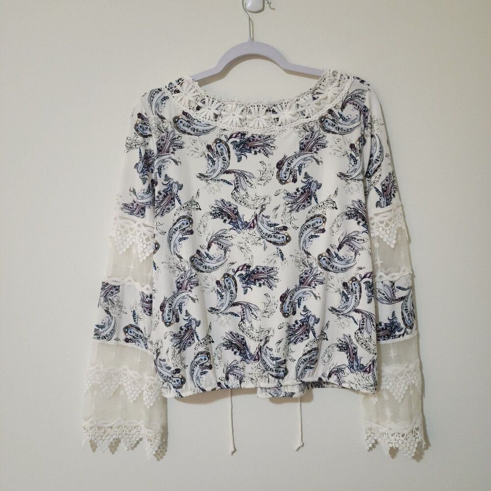 WHBM Womens Boho Blouse White Blue Purple Paisley Lace Up Neck Crochet Size L - Picture 4 of 9